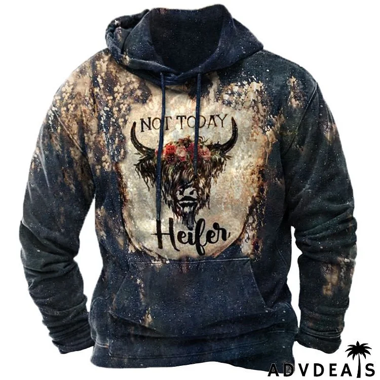 Men Vintage Casual Ethnic Style Cow Tau 3D Print Long Sleeve Plus Size Hoodies