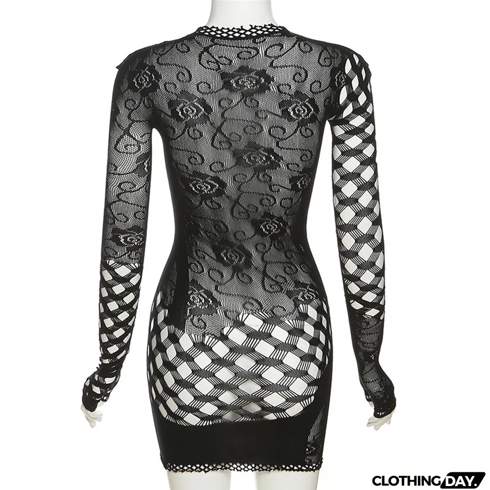 Spring Women's Fashion Jacquard Cutout Round Neck High Waist Slim Short One-Piece Dress