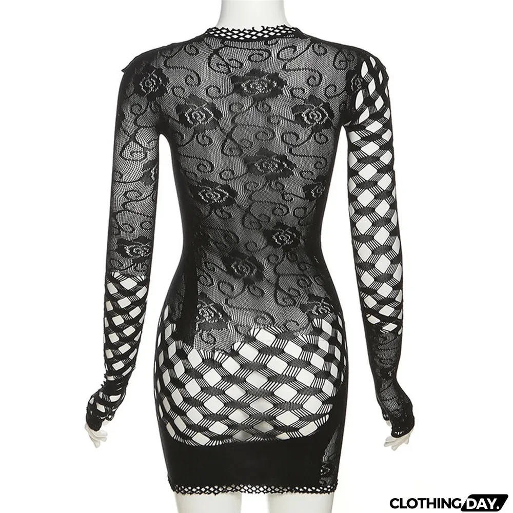 Spring Women's Fashion Jacquard Cutout Round Neck High Waist Slim Short One-Piece Dress