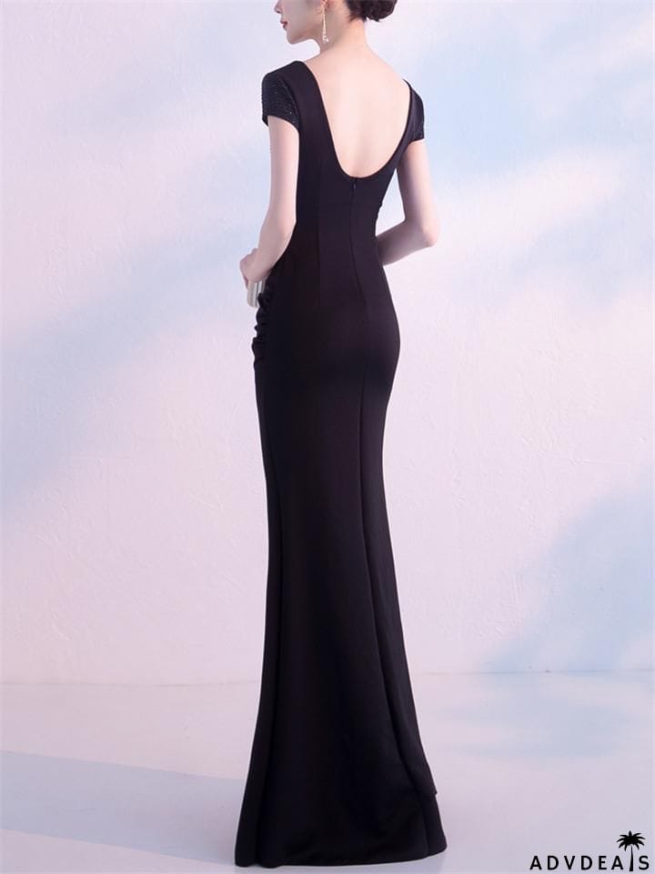 Sexy V Neck Side Slit Beaded Formal Dress for Dinner