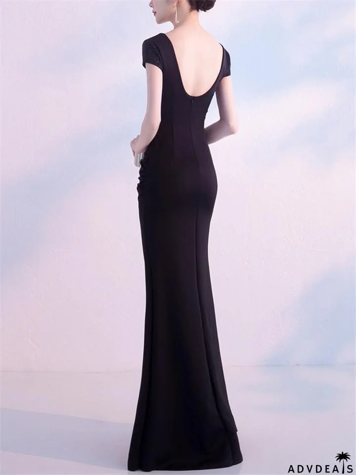 Sexy V Neck Side Slit Beaded Formal Dress for Dinner