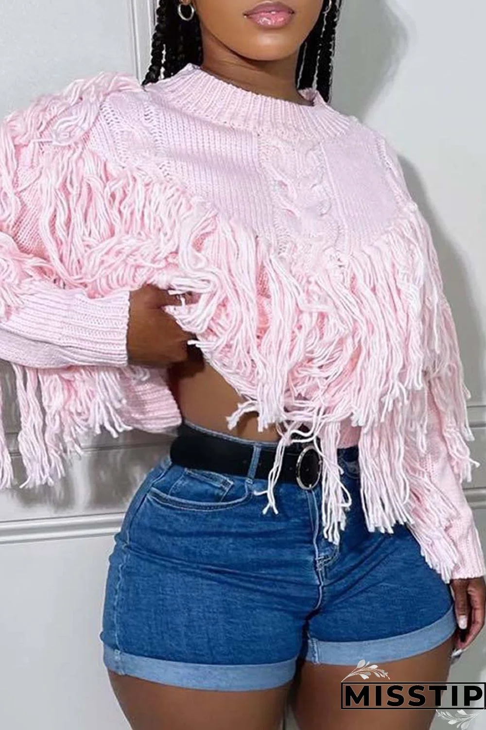 Black Casual Solid Tassel O Neck Tops