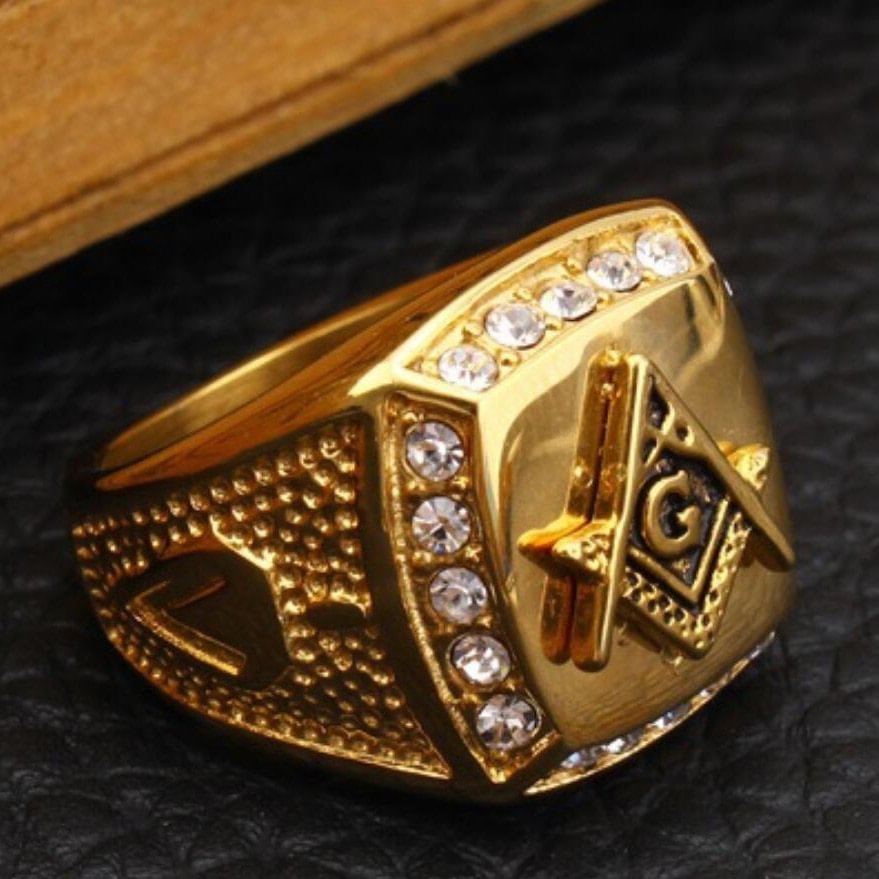 Bling Rhinestone Masonry Mason Signet Gold Ring Men Jewelry-VESSFUL
