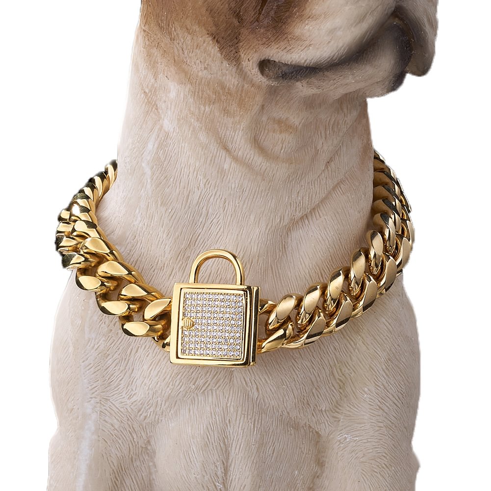 14MM Strong Solid Metal Micro-set Zircon Lock Chains Big-sized Dog Collars-VESSFUL