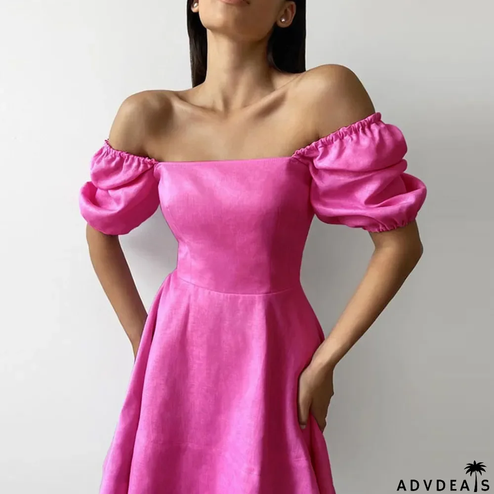 Spring Summer Solid Color Short Sleeve Square Neck Fairy Dress