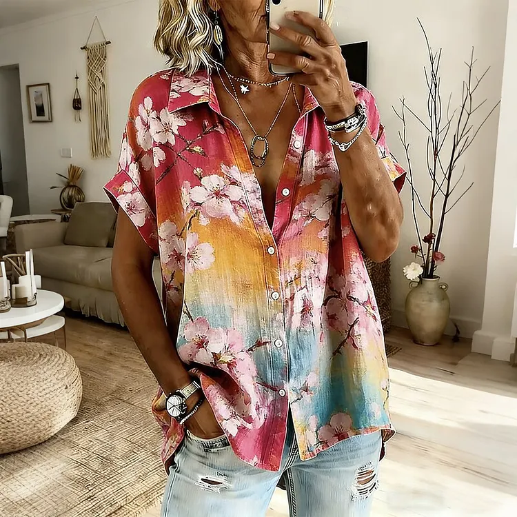 Women's Retro Linen Floral Tie-dye Short-sleeve Shirt