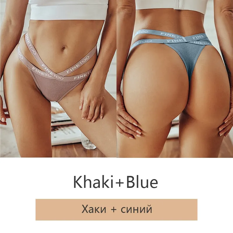 FINETOO 2Pcs/set Sexy Thongs Women Cotton G-string Panties Letter Bikini Underwear Girls Cross Belt Low-rise Underpants Lingerie