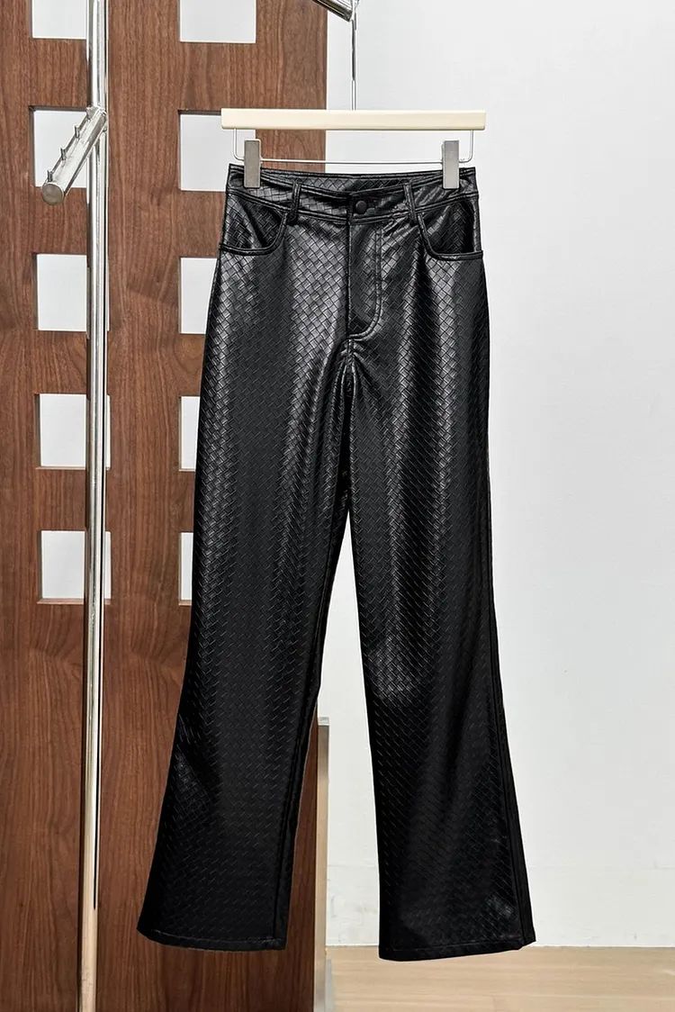 Women's High Waisted Wide Leg Pants in Diamond Quilted PU Leather