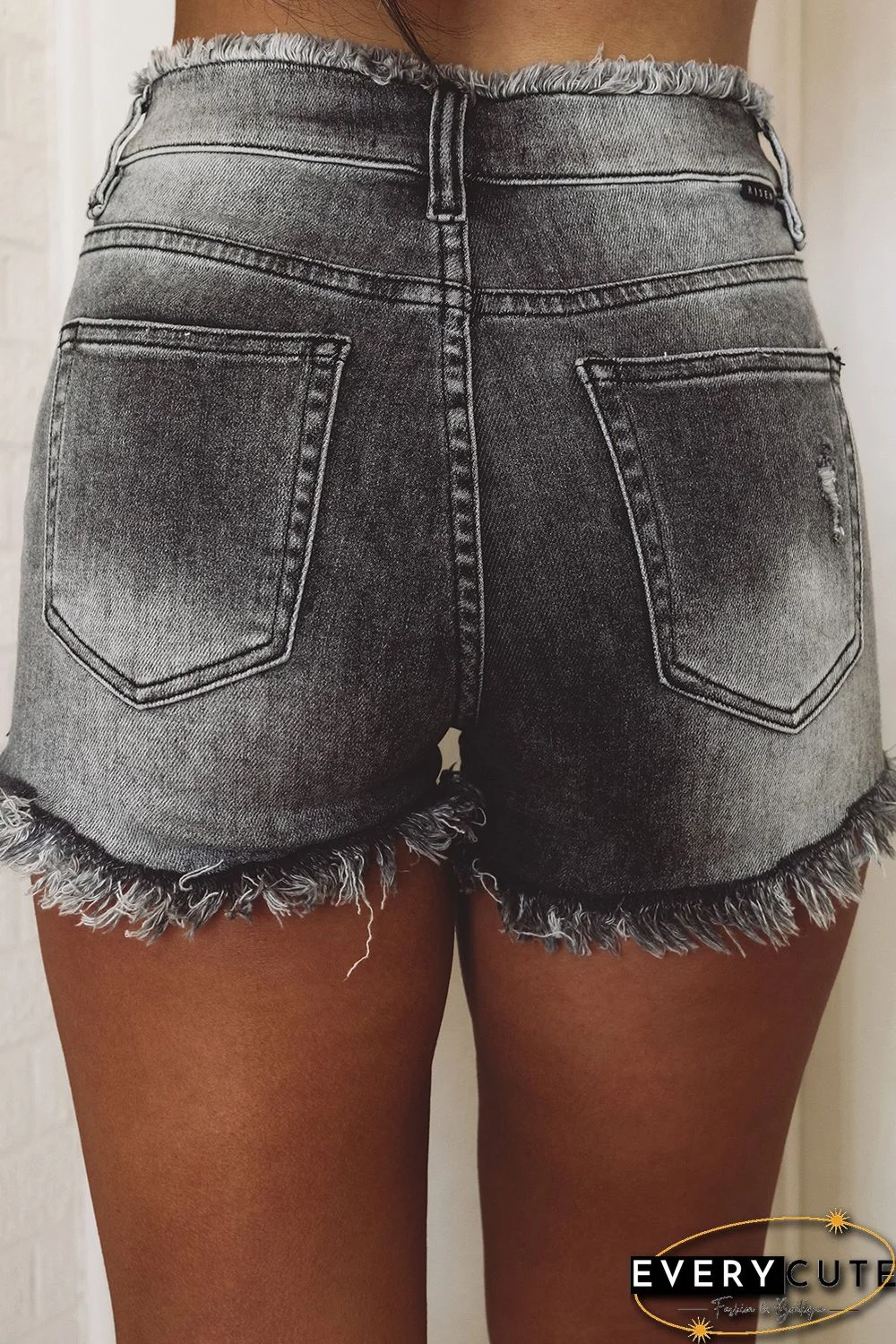 Gray Acid Wash Raw Edge Skinny Denim Shorts
