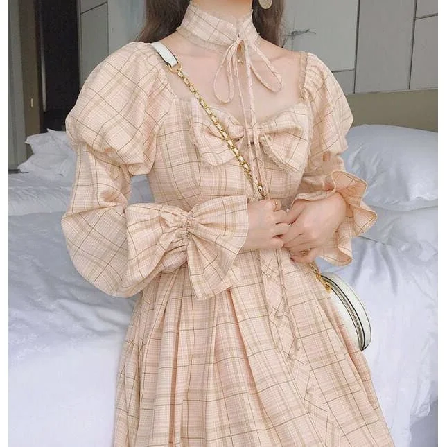 Olivia Snowbird Plaid Kawaii Princess Dolly Dress with Choker SK027