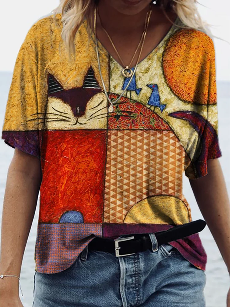 Lovely Cat Patchwork Art V Neck T Shirt