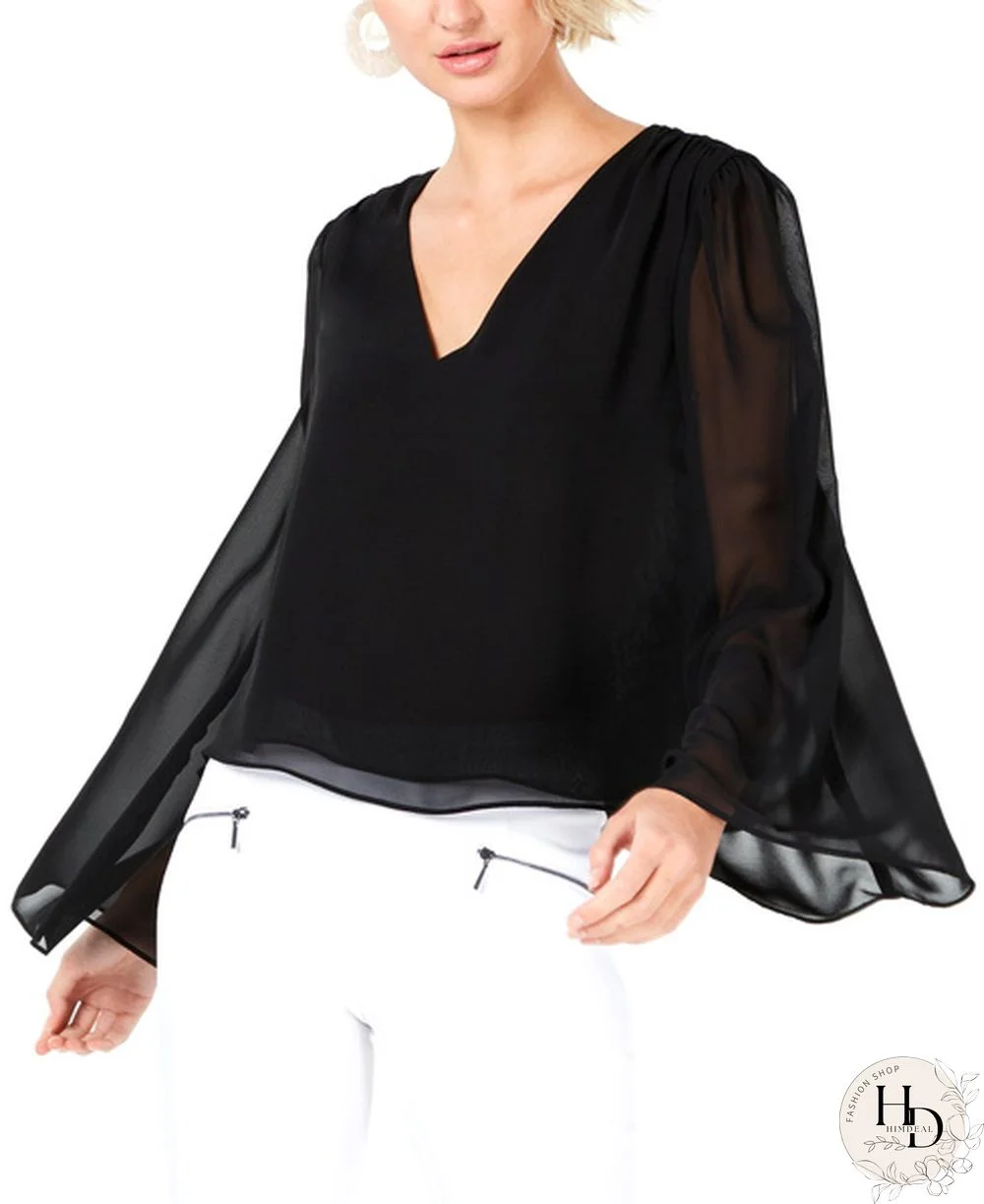 Bar III | Flared Chiffon-Sleeve Top | Black