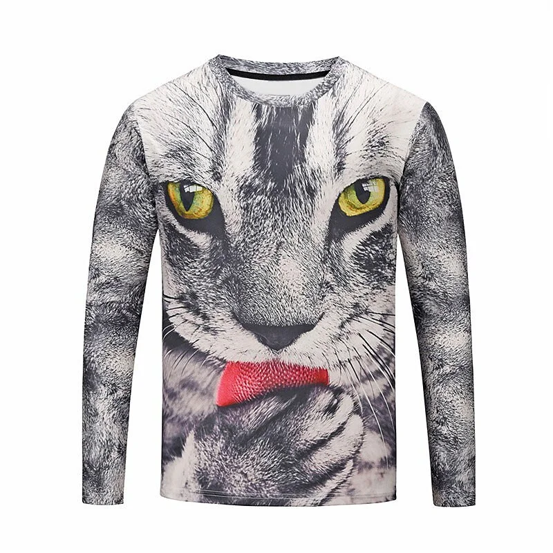 Men's Unisex T shirt Tee Cat Graphic Prints Crew Neck Gray 3D Print Outdoor Street Long Sleeve Print Clothing Apparel Basic Sports Designer Casual