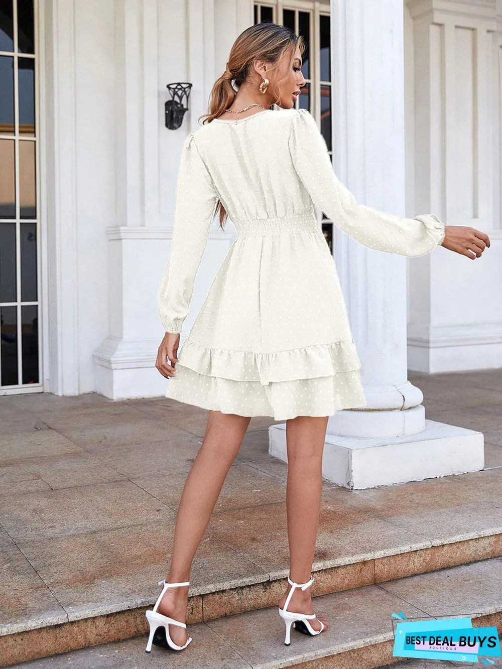 V-Neck Long-Sleeve Flounces Trim Commuter Dress For Women