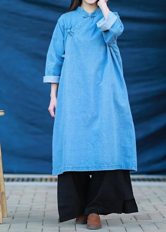 Loose stand collar Tunic Photography denim light blue Dress