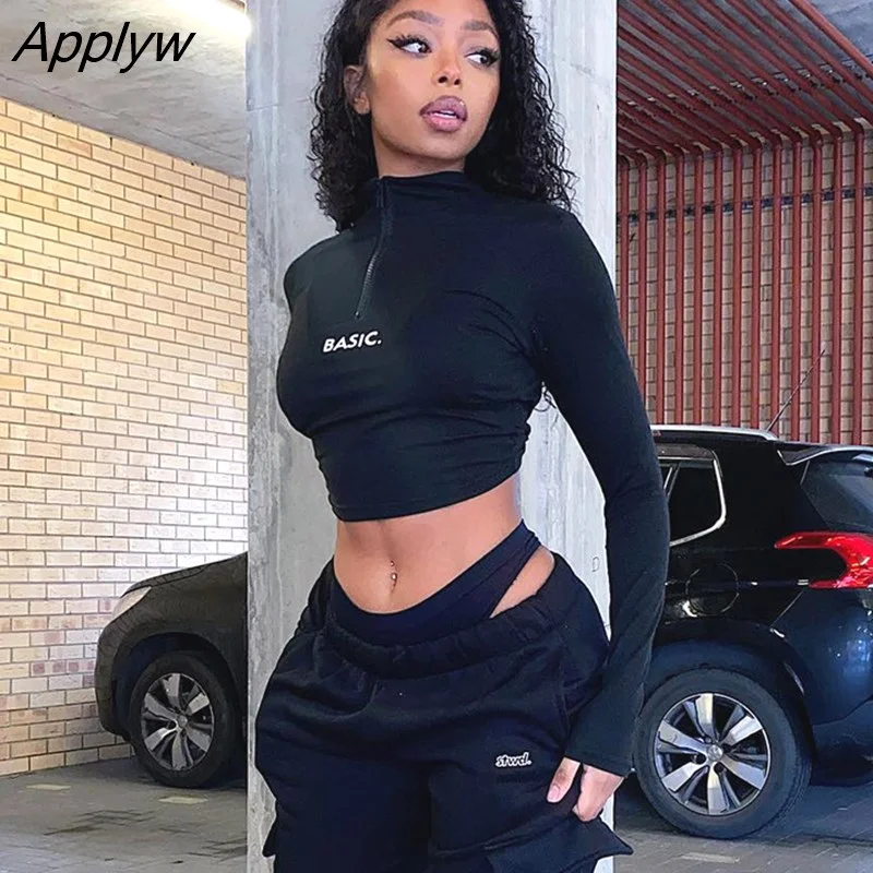 Applyw Women Long Sleeve Letter Print Streetwear Crop Tops T Shirt Tees 2022 Autumn Clothes Wholesale Items For Business