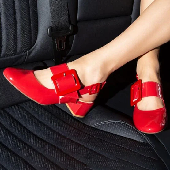 Red Patent Leather Round Toe Chunky Heels Buckle Slingback Pumps |FSJ Shoes