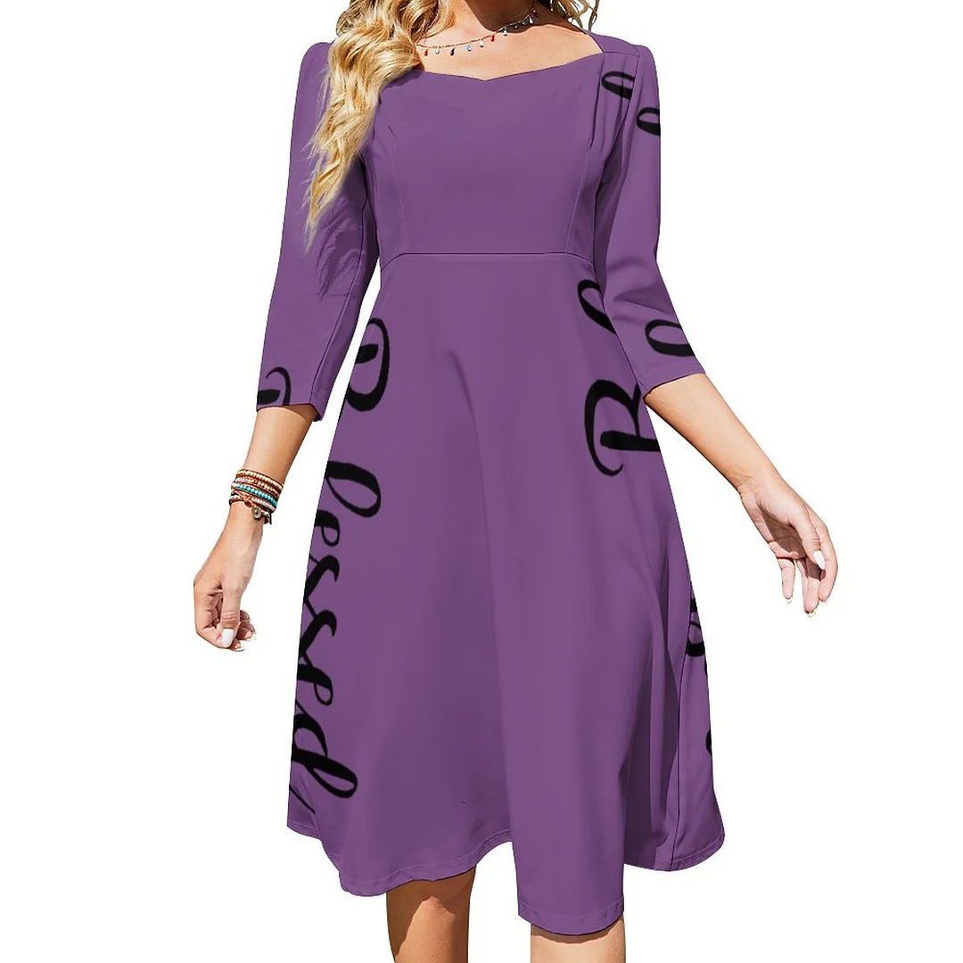 Pretty Blessed Letters Dress Sweetheart Tie Back Flared 3/4 Sleeve Midi Dresses