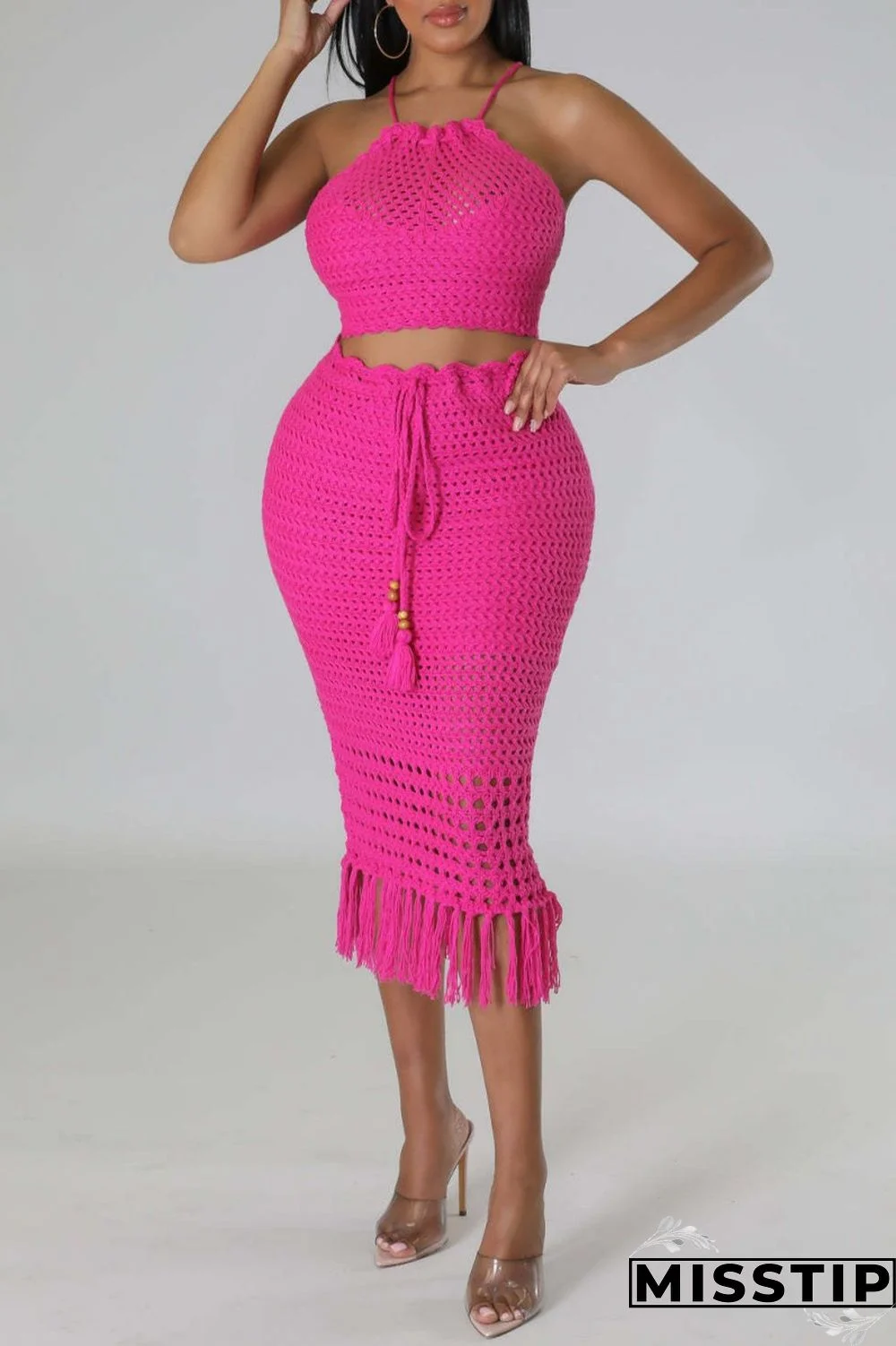 Rose Red Sexy Solid Tassel Bandage Backless O Neck Sleeveless Two Pieces