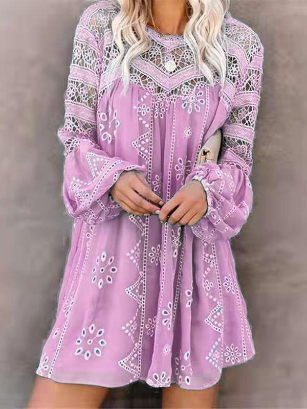 Women's Puff Sleeve Scoop Neck Lace Hollow Midi Dress