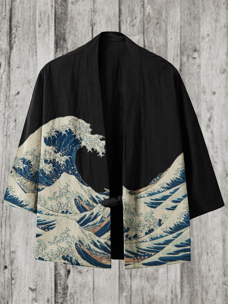 Comstylish Great Wave Japanese Art Linen Blend Kimono Cardigan