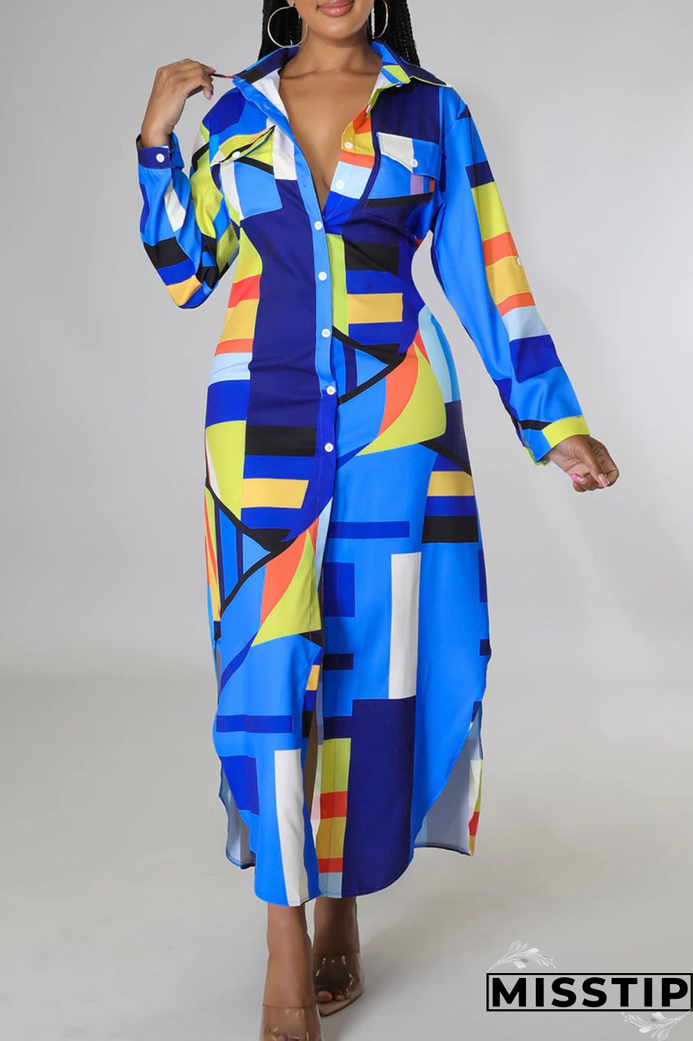 Blue Casual Print Patchwork Buckle Turndown Collar Shirt Dress Dresses