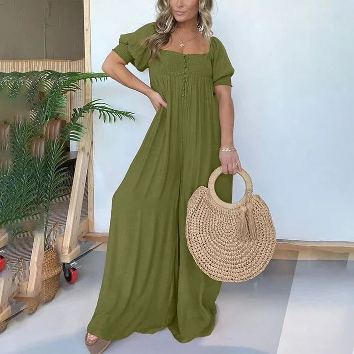 Women's Square Neckline Jumpsuit With Smocked Bodice Button 