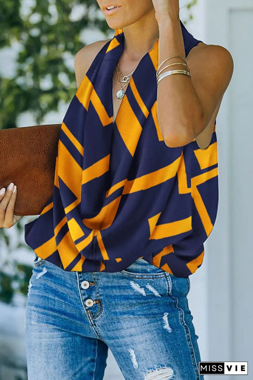 Sweet Elegant Print Scarf Collar Tops