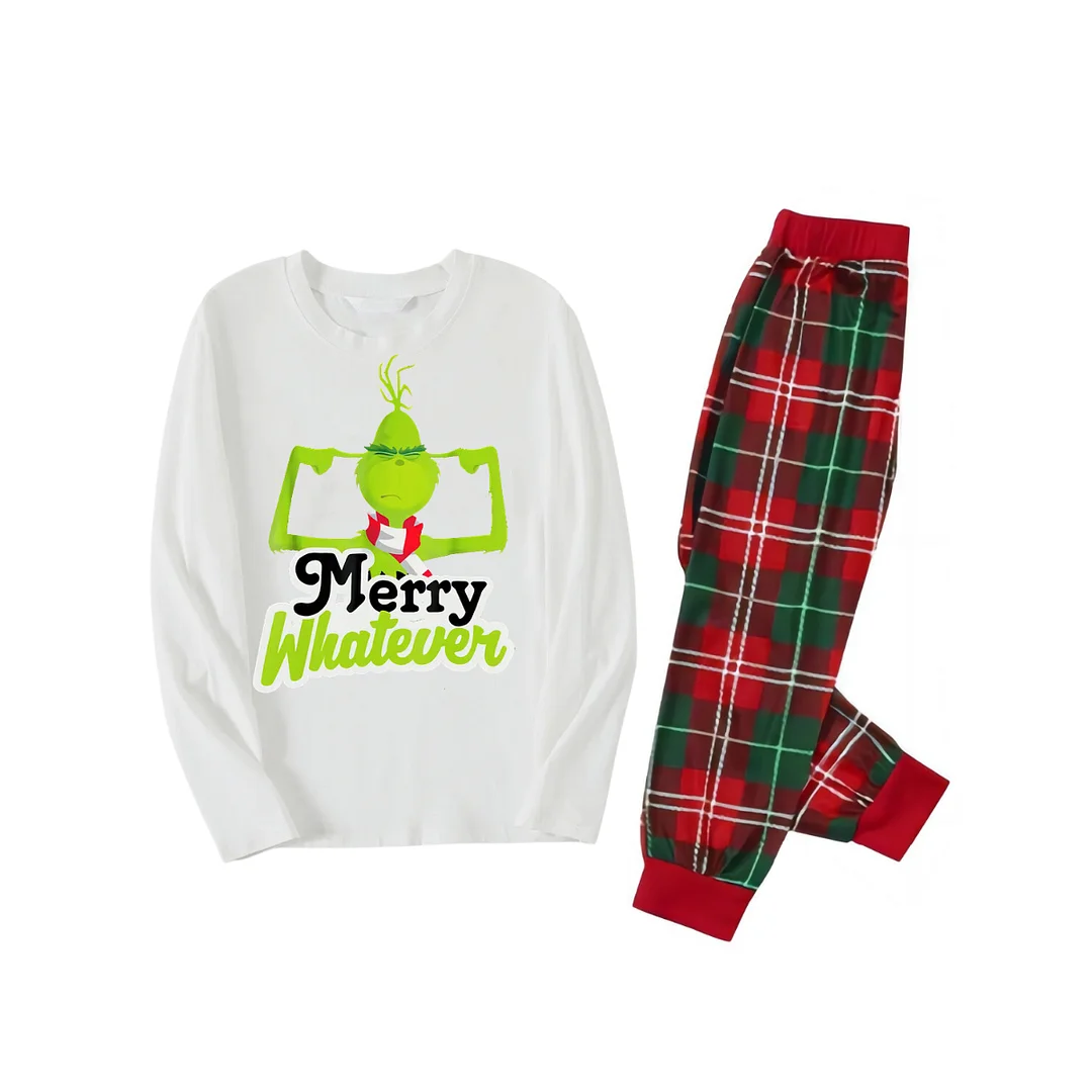 Funny Cartoon Pattern and "Merry Whatever" Printed Red & Green Plaid Family Matching Pajamas