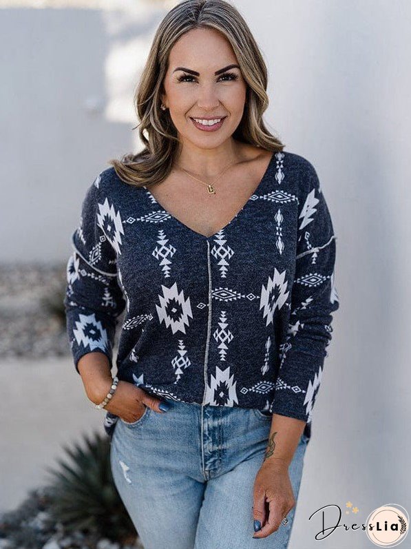 Printed Slim V-Neck Buttoned Long Sleeve Blouse