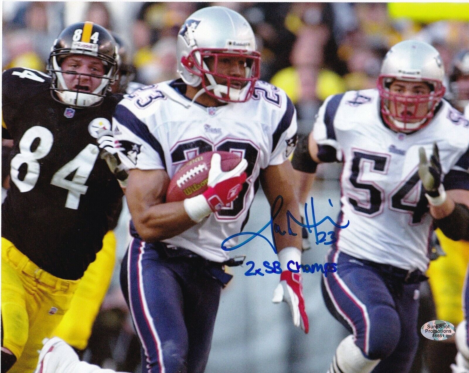 ANTWAN HARRIS NEW ENGLAND PATRIOTS ACTION SIGNED 8x10