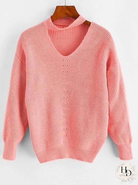 Drop Shoulder Choker Pointelle Knit Sweater for Women