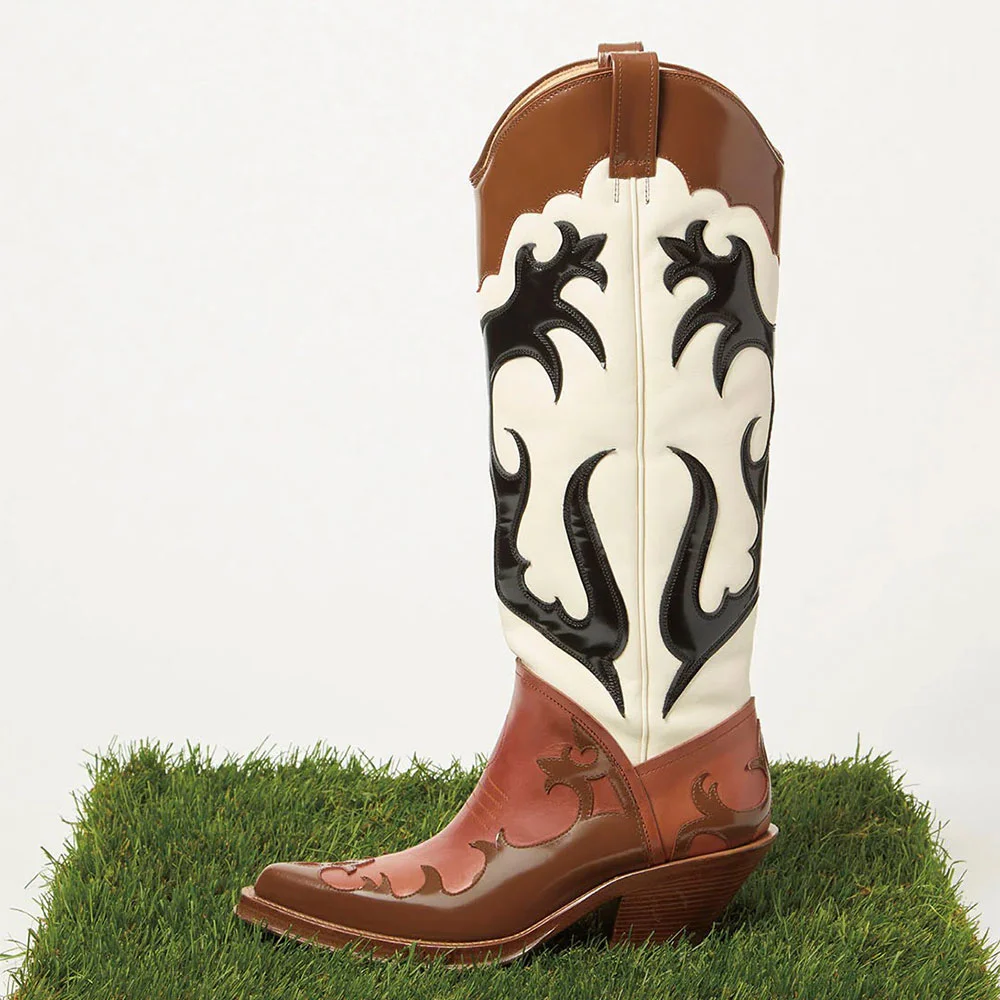 Multicolor Faux Leather Pointed Toe Knee High Western Boots for Women