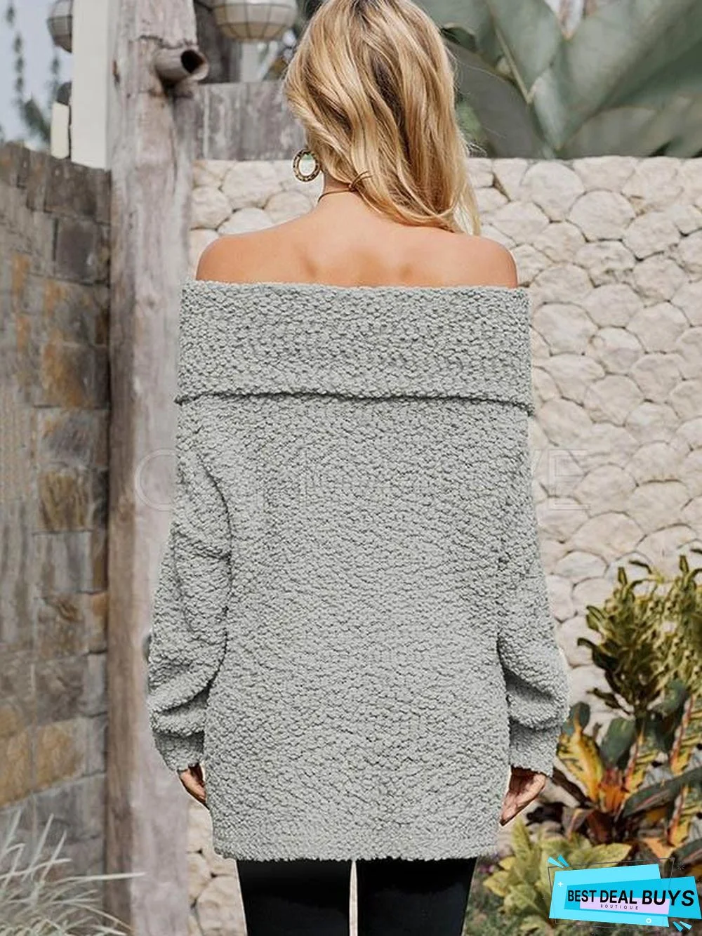 Plain One-Shoulder Collar Velvet Sweater