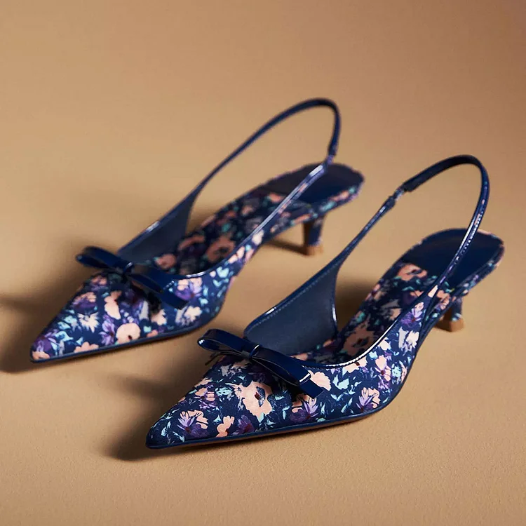 Blue Bow Pointed Toe Multicolor Floral Kitten Heel Slingback Pumps |FSJ Shoes