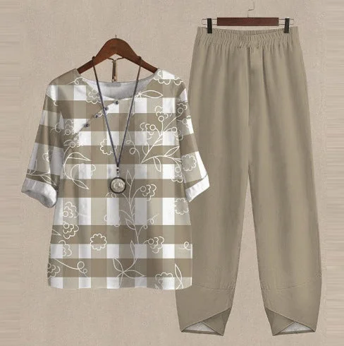 Women's Half Sleeve Scoop Neck Plaid Floral Printed Buttons Top & Pockets Design Long Pants Set