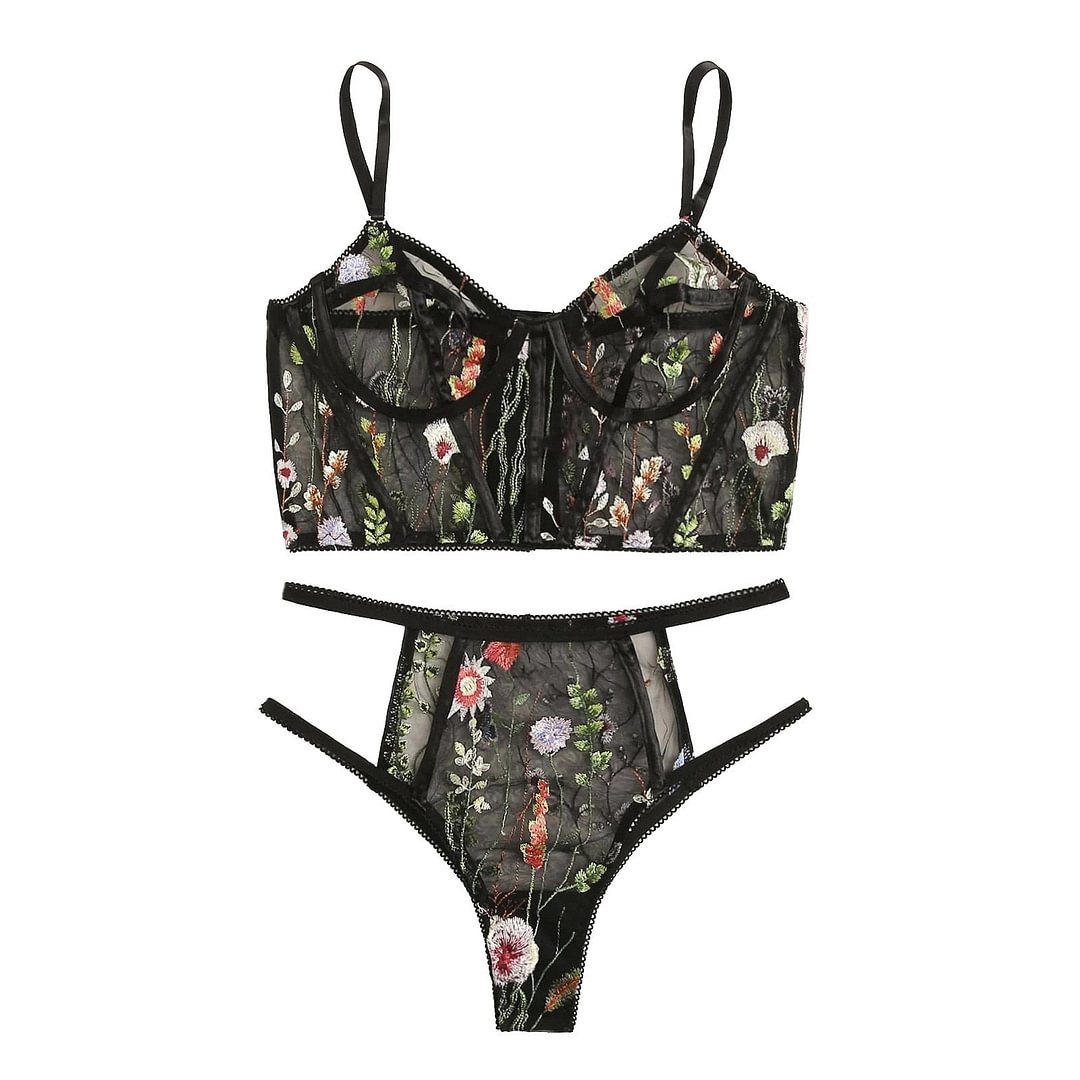 Sexy Underwear Set Women Mesh See-through Floral Embroidery Sexy Lingerie Temptation Bra Underwear Female Seamless Bra Panty Set