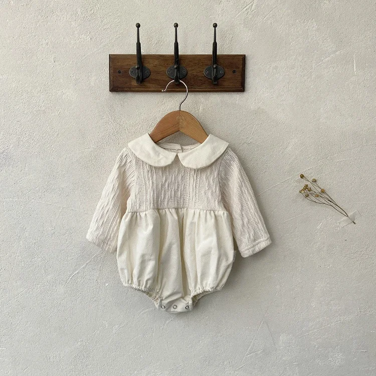 Baby Girl Peter Pan Collar Solid Color Long Sleeve Bodysuit