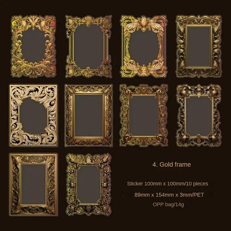 Journalsay 10 Sheets Gold Plated Myth Series Vintage Frame Hot Stamping PET Stickers