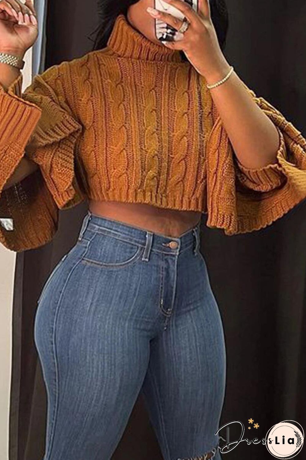 Solid Color Turtleneck Bat Sleeve Sweater Crop Top