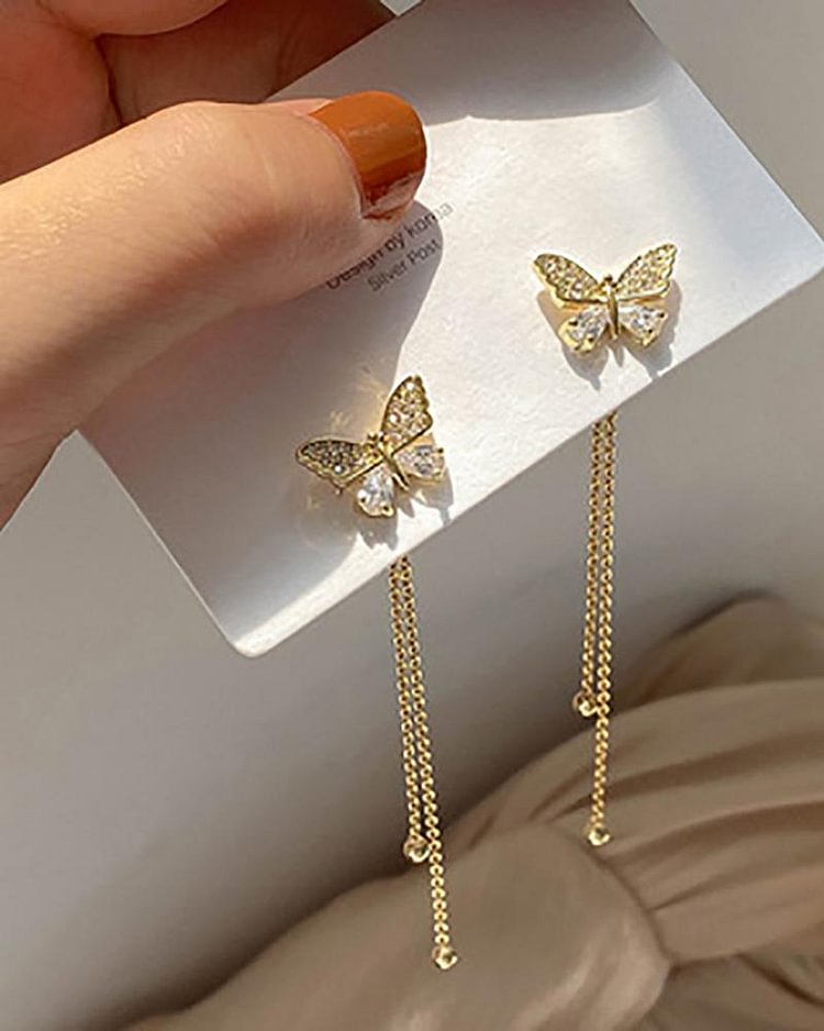 1Pair Studded Butterfly Chain Tassel Earrings