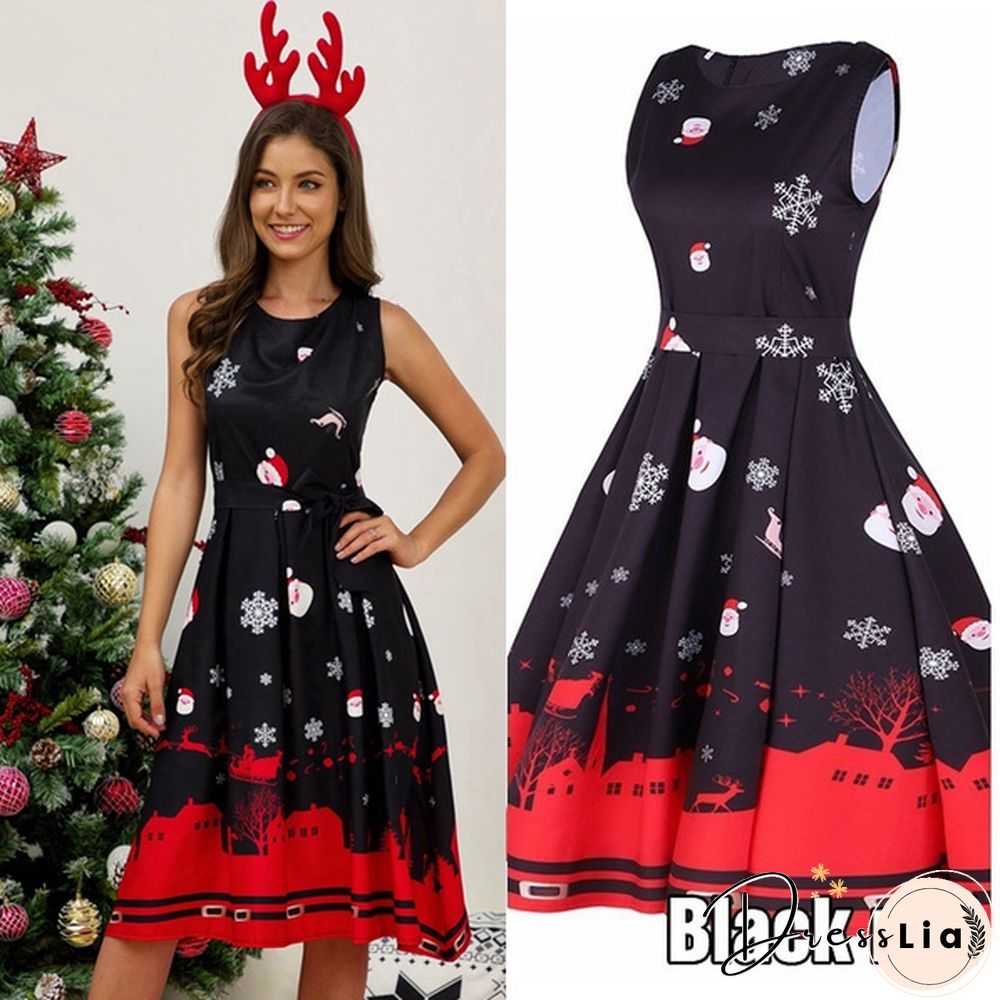 Womens Vintage Sleeveless Santa Christmas 1950s Retro Xmas Evening Prom Swing Dress