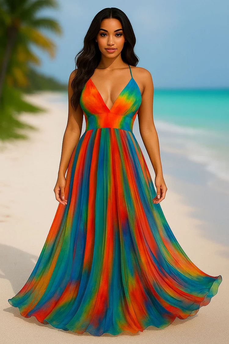 V Neck Cinched Rainbow Print Mesh Party Cami Maxi Dresses-Blue [Pre Order]