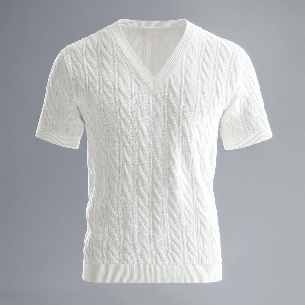 Men's Solid Cable Knit V Neck Short Sleeve T-Shirt
