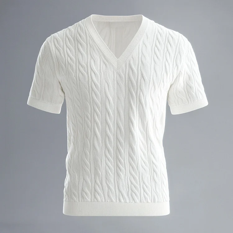 Men's Solid Cable Knit V Neck Short Sleeve T-Shirt