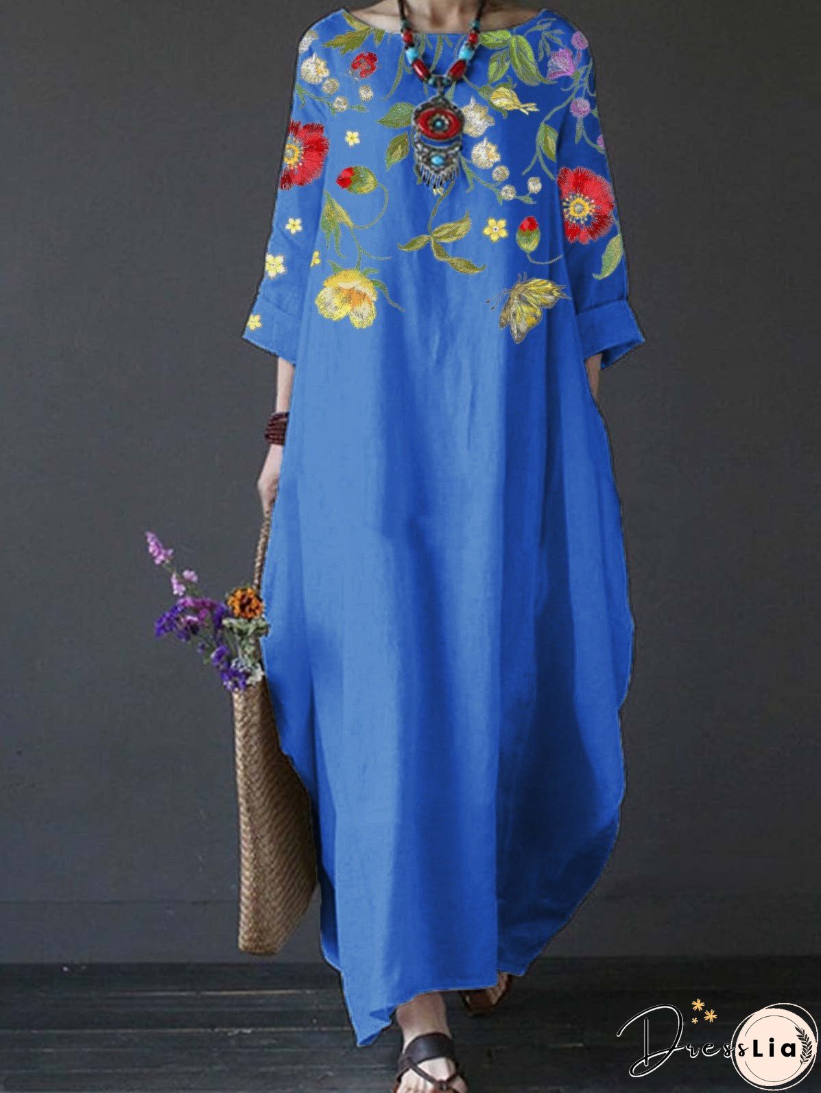 Summer Feminine Style Long Dress Round Neck Vintage Sweet Print Art Dress 3/4 Sleeve