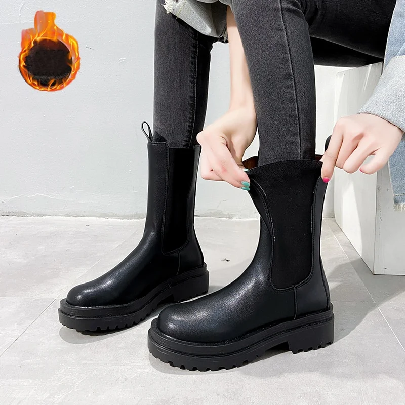 Yyvonne Chelsea Boots Chunky Boots Women Winter Shoes PU Leather Plush Ankle Boots Black Female Autumn Fashion Platform Booties