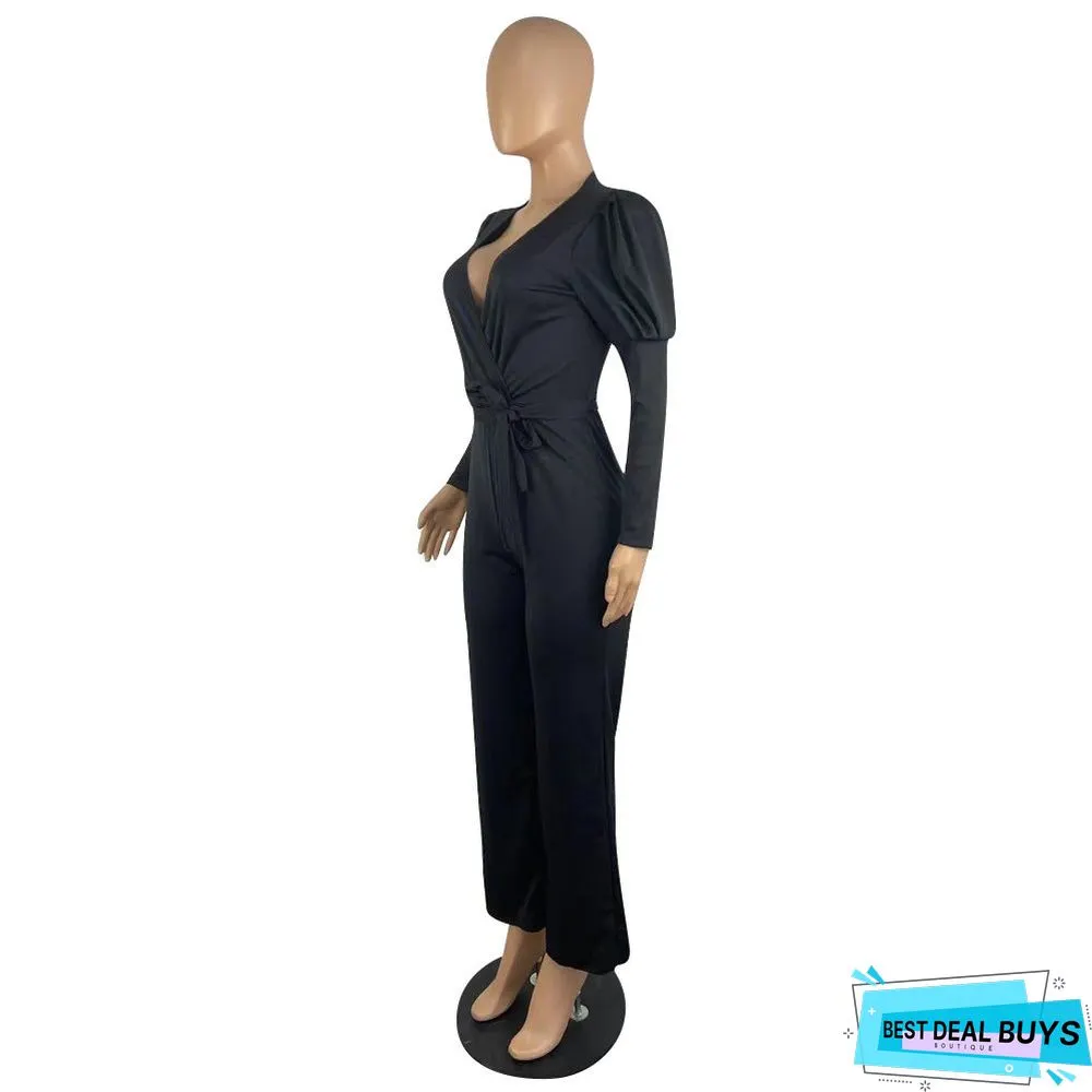 Autumn and Winter Solid Color V-Neck Bubble Sleeve Personalized Casual Wide Leg Jumpsuit