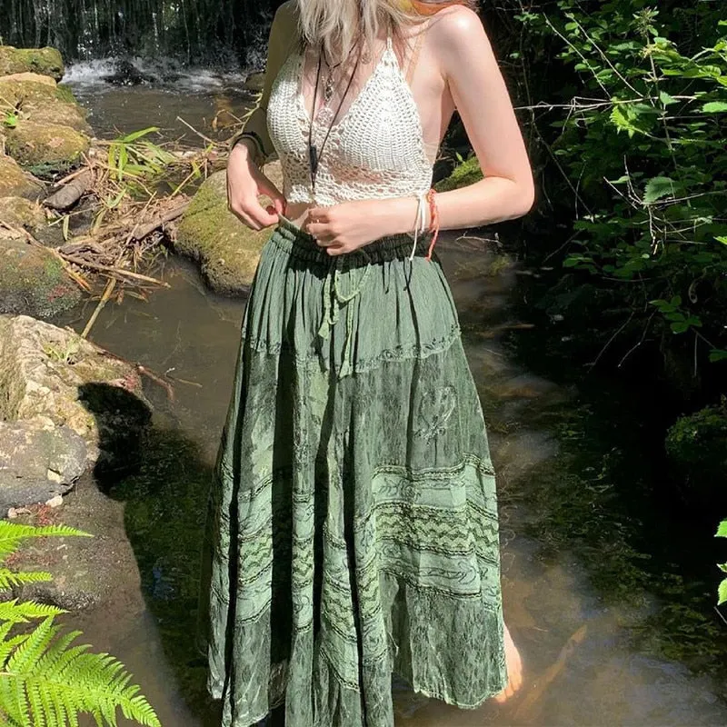 Xingqing Y2k Printed Mid-Claf Skirts Ruffles Kawaii Lace Up Long Skirts Grunge Fairycore Aesthetic Skirt Women 2000s Sweetwear 211