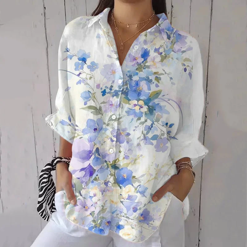 Vintage Floral Painting Art Button Casual Shirt